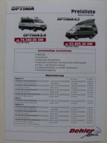 Dehler Mobile VW T4 Opima 4.7 5.4 Preisliste August 1998
